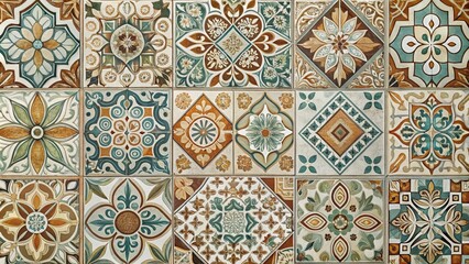 A close-up view of a mosaic of decorative ceramic tiles with intricate floral and geometric patterns in shades of brown, green, and white.