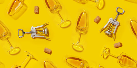 Seamless flat lay background with white wine glasses