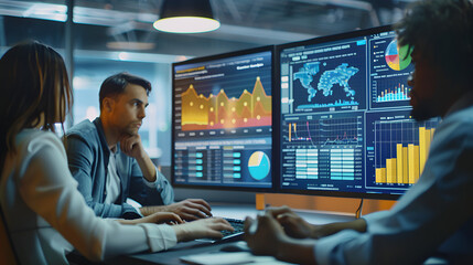 Diverse Team Of Data Scientists Analyzing Information And Graphs On Big Digital Screen In Modern Monitoring Office. Multiethnic Employees Working Infront Of Desktop Computers