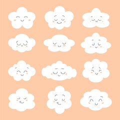 Set of cute clouds with smiling face. Vector illustration.