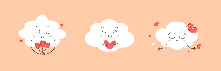 Set of spring cute clouds with tulips, butterflies and heart. Vector illustration