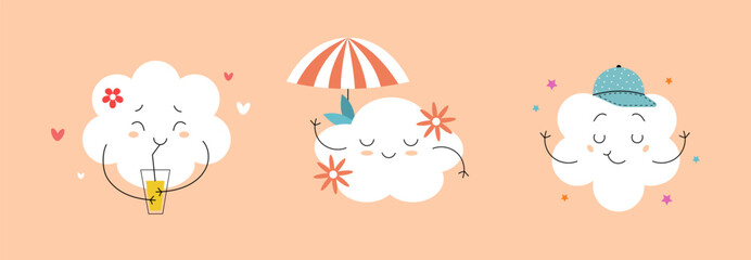 Set of summer cute clouds with lemonade, beach umbrella and cap. Vector illustration