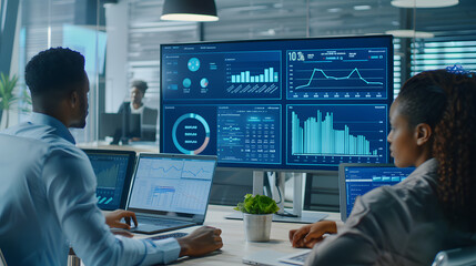 Diverse Team Of Data Scientists Analyzing Information And Graphs On Big Digital Screen In Modern Monitoring Office. Multiethnic Employees Working Infront Of Desktop Computers