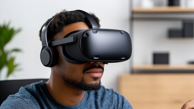 Immersed in a Virtual World: A young man, eyes closed in concentration, is fully immersed in a virtual reality experience, headphones on, and VR headset securely in place.
