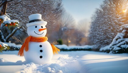 Obraz premium A cute snowman with a carrot nose, wearing a colorful hat and scarf, stands proudly in a snowy garden, surrounded by cheerful children playing and enjoying the winter wonderland