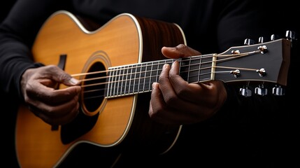 Fototapeta premium The Art of Acoustic: Close-up of hands playing an acoustic guitar, capturing the intricate movements and passion of a musician's craft. 