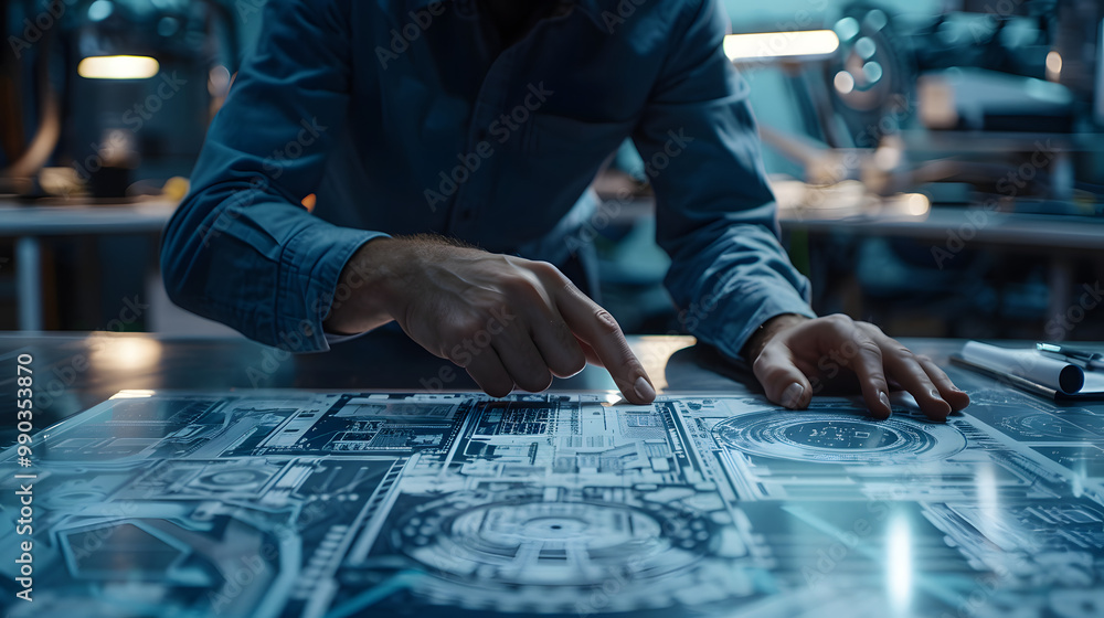 Poster engineer, scientists and developers gathered around illuminated conference table in technology resea