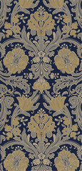 Ornate floral pattern in gold, grey, and white on a deep blue background.