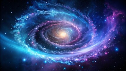 Obraz premium A mesmerizing spiral galaxy with a radiant core, bathed in a vibrant tapestry of blue and purple hues, punctuated by twinkling stars against a deep, cosmic black background.