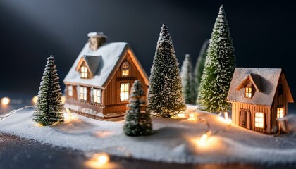 Miniature Christmas houses illuminated by soft lights, surrounded by small Christmas trees and a snowy landscape, creating a cozy, festive winter village scene