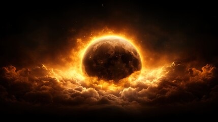 Obraz premium A dramatic celestial scene featuring a glowing moon surrounded by fiery clouds and a dark sky, evoking mystery and wonder.