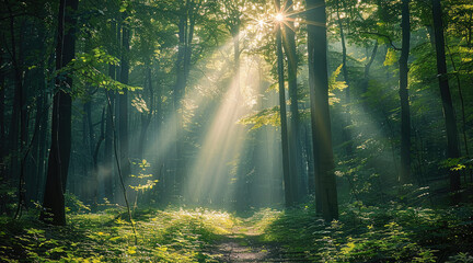 Fototapeta premium Twilight rays in forest.