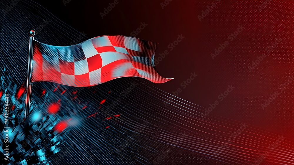 Poster checkered flag waving on a pole with a red and blue digital background.