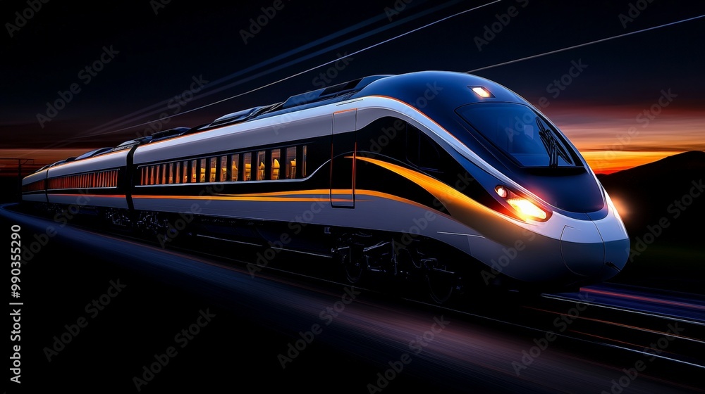 Poster high-speed rail at sunset: sleek modern train speeding through the night, illuminated by the warm gl