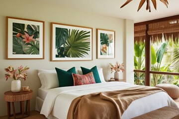Framed Artwork in a Serene Bedroom Retreat with Tropical Boho Flair and Cozy Furnishings