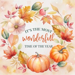 autumn card with pumpkin, watercolor autumn wreath