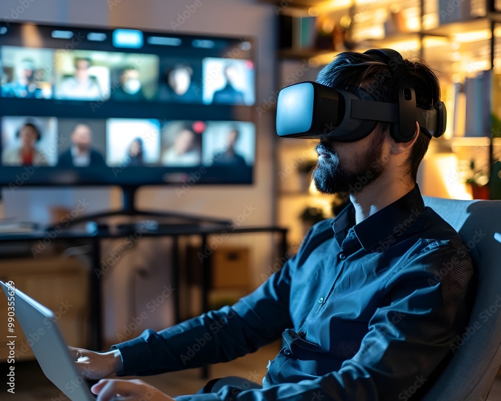 Poster remote worker attending global virtual conference from home office with vr setup