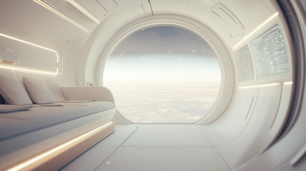 A small, spherical room inside a space station, with a minimalistic design, curved metallic surfaces, and a panoramic window showcasing the vastness of space. Soft lighting reflect