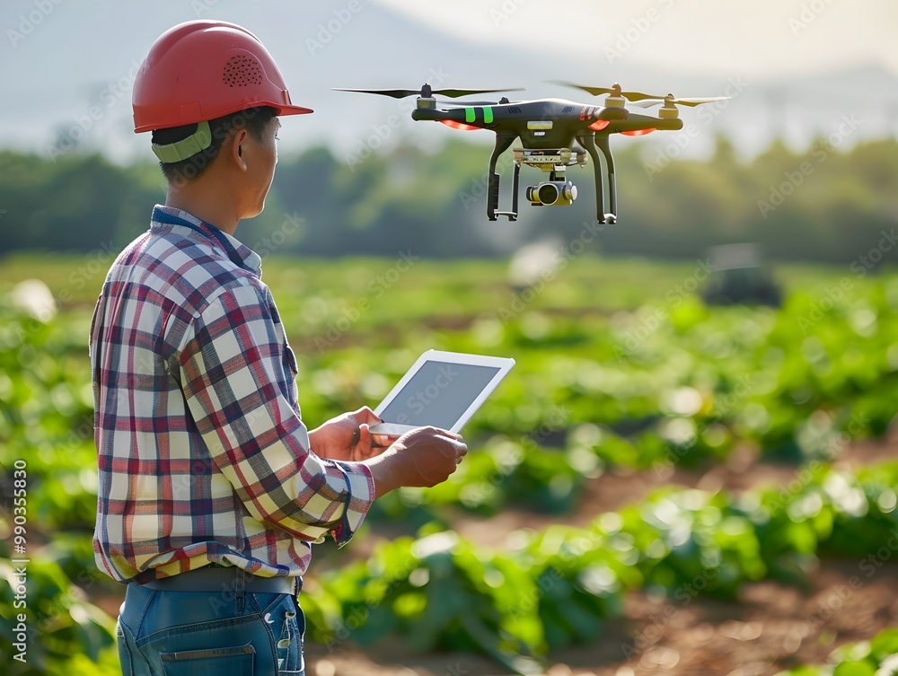 Poster agricultural worker using drone for precision crop monitoring and data analysis