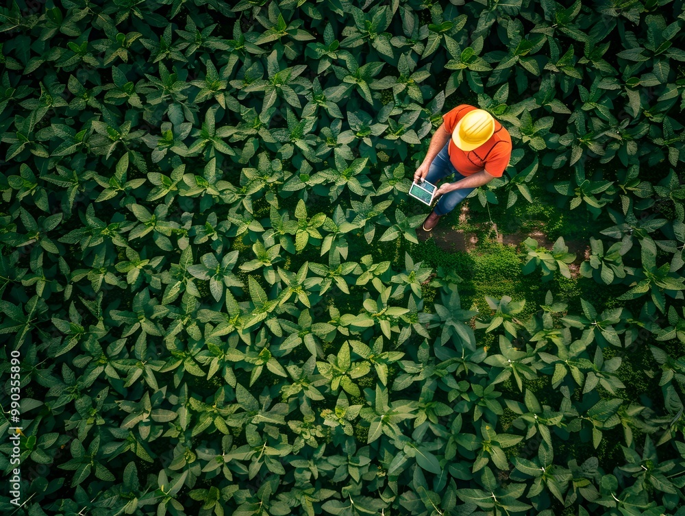 Poster agricultural worker using drone for crop monitoring and precision farming analysis