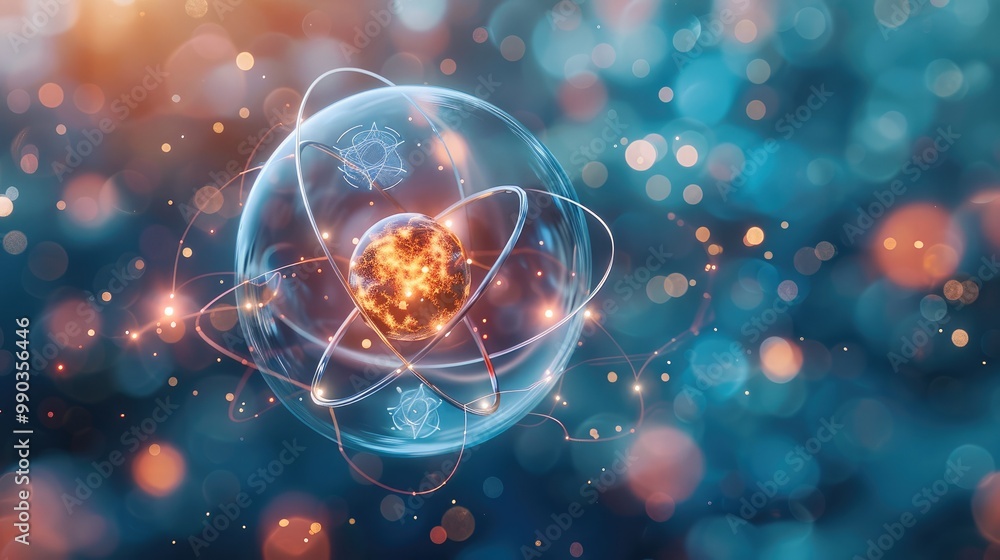 Fototapete Visualization of atomic structure with electrons orbiting a nucleus, representing fundamental concepts in quantum mechanics.