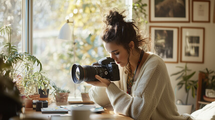 A focused LGBTQ+ photographer analyzing stunning photographs on a digital camera in a cozy studio filled with colorful backdrops and props, showcasing dedication to the craft durin