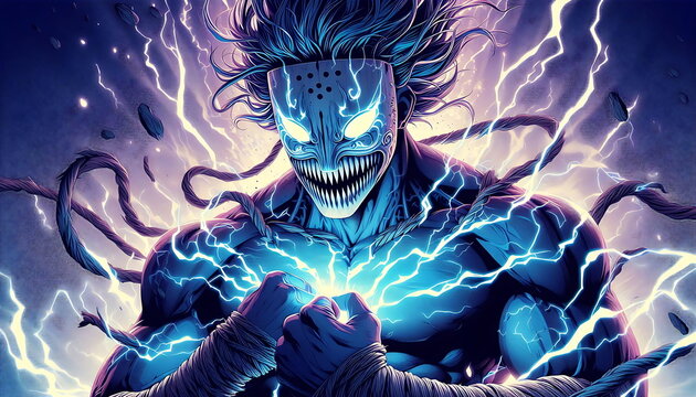 Epic Anime MC in a Ghost Mask with Lightning and Flame Effects &ndash; Perfect for T-Shirts, Posters, Music Covers, YouTube Thumbnails, Print-on-Demand, Wallpaper , and Artistic Backgrounds
