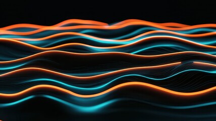 An abstract display of flowing waves illuminated with vibrant blue and orange lines against a dark background.