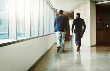 Office, lobby and back of business people for walking, discussion and professional career for...