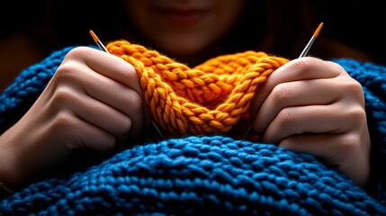 Knitting Serenity: Close-up of hands working on a knit project, creating a cozy and calming atmosphere. Focus on the intricate details of the needles and yarn.