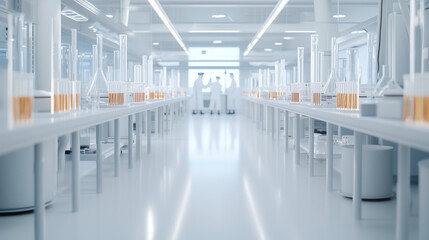 Fototapeta premium A wide shot of a high-tech scientific lab, filled with rows of test tubes and sophisticated lab equipment, illustrating an active research environment where scientists are engaged