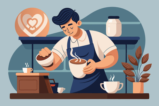 a barista creating- atte art with  a heart design EDITABLE VECTOR ILLUSTRATION
