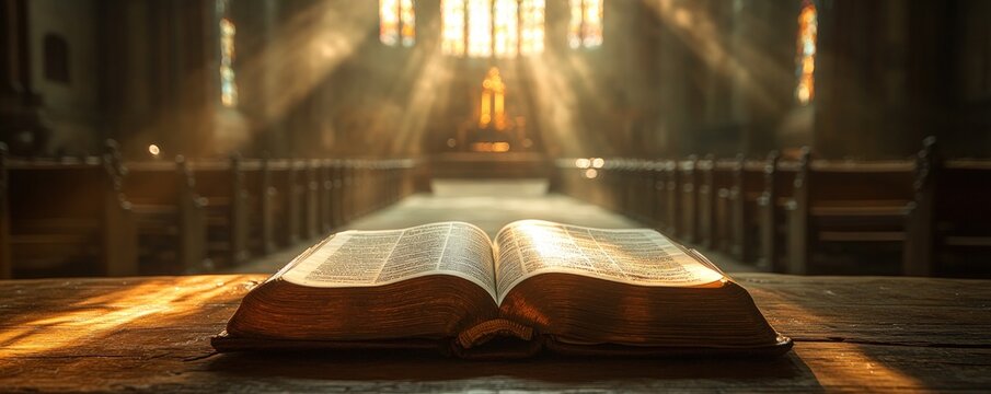 Open bible on wooden pew in church with sunlight streaming through stained glass windows.