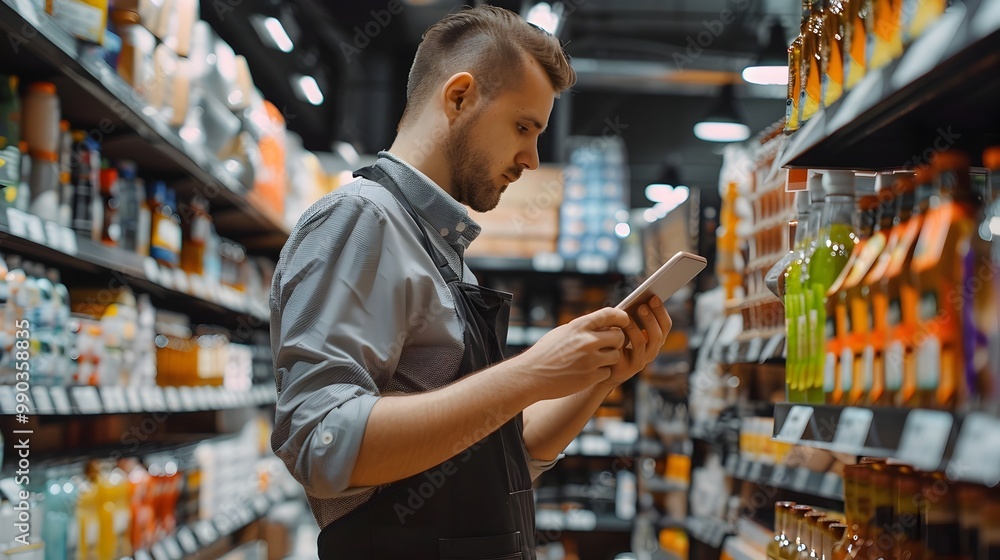 Poster retail worker using smart inventory system to scan products and manage