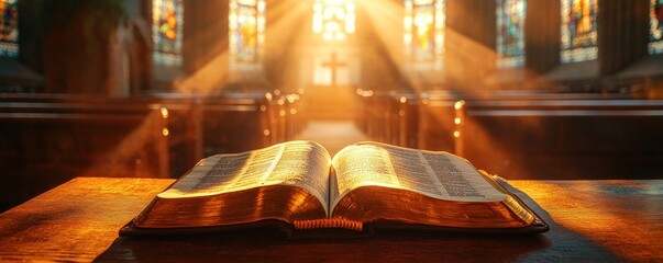 Open Bible on a wooden pew in a church with sunlight shining through stained glass windows.