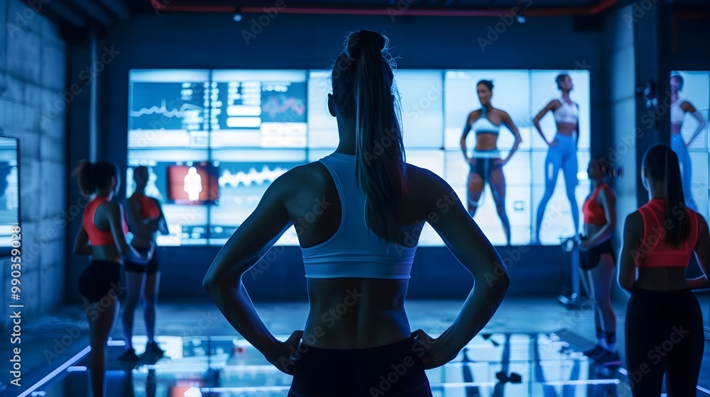 Aufkleber fitness instructor leading a virtual workout class with real time biometric data display