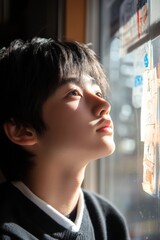 Fototapeta premium Reflective Moment of a Japanese High School Student