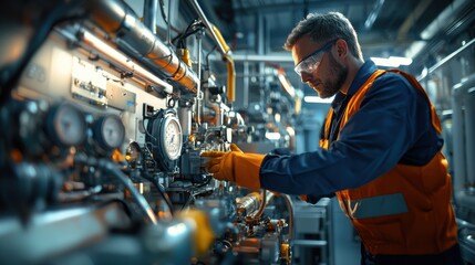 Modern Engineer at Work: Skilled 40-Year-Old in Superyacht Engine Room Among Advanced Machinery and Gauges