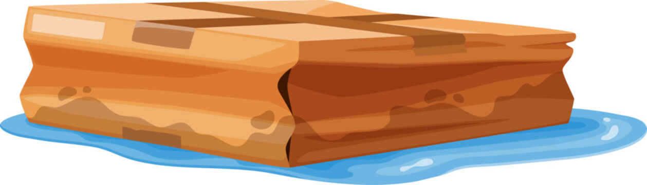 Wet and damaged crumpled box, crushed and ripped cargo parcel, broken delivery cardboard package lying in water puddle shows signs of being drown, indicating poor handling during shipment or logistic