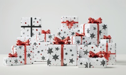 Christmas gift boxes wrapped in color gift paper and decorated with ribbons on a white background.