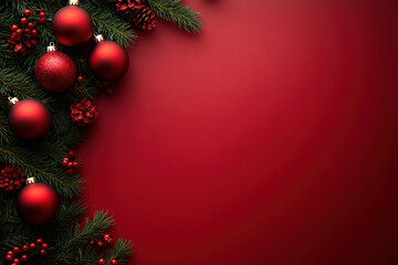 Festive Pine Branches on Red Background