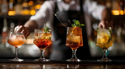 Obraz premium Brandy Cocktail Crafting in a Modern Bar with Mixologist Using Fresh Ingredients and Intricate Garnishes