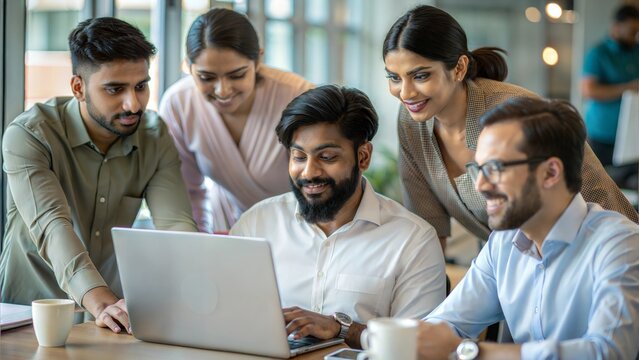 Indian team collaborating on tech solutions in a modern office.
