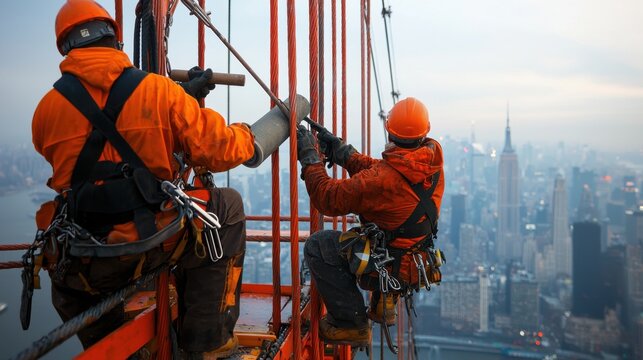 Restoring the Suspension Bridge: Workers Repainting with Skyline View
