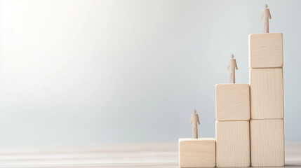 Abstract concept of business growth, with wooden blocks stacked as steps and small human figures climbing upward, symbolizing career advancement and leadership photo