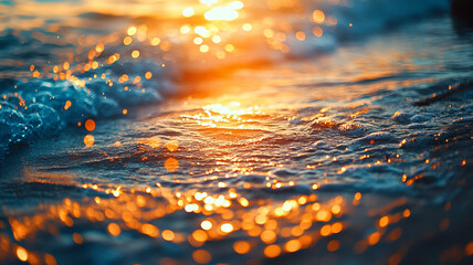 Sunset reflections on gentle ocean waves at the beach during evening hours