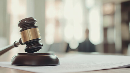 Close-up of a gavel resting on legal documents, symbolizing justice and the legal process, with a blurred courtroom in the background. Photo