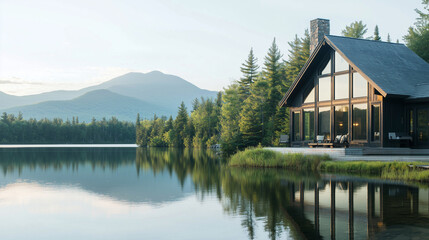 Naklejka premium A wide-angle shot of a luxurious Adirondack-style lake house, showcasing its large windows, rustic wooden beams, and stunning views of tall pine trees and a serene mountain backdro