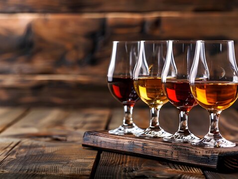 Sophisticated Brandy Tasting Flight on Rustic Wooden Board with Tasting Notes