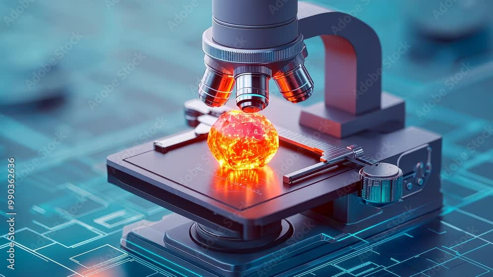 Poster close-up of a microscope analyzing a glowing particle
